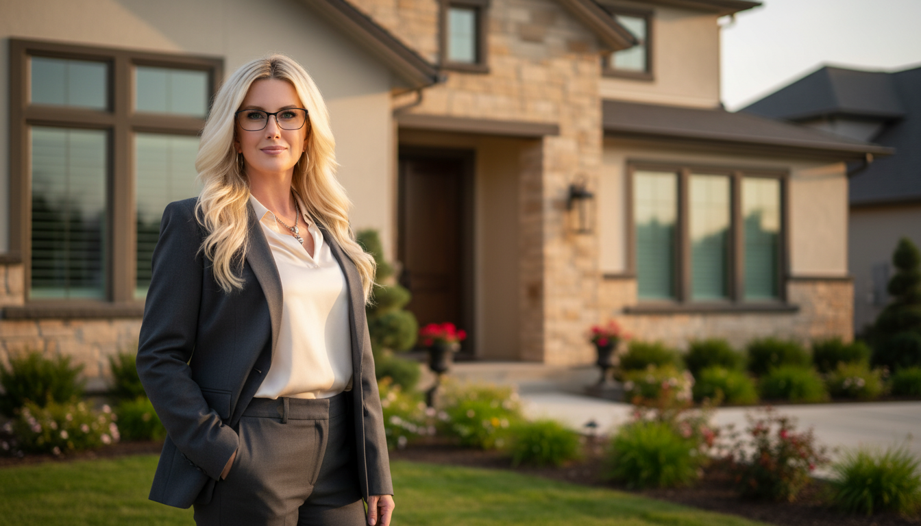 Heather Lay, professional real estate agent, in front of a modern suburban home